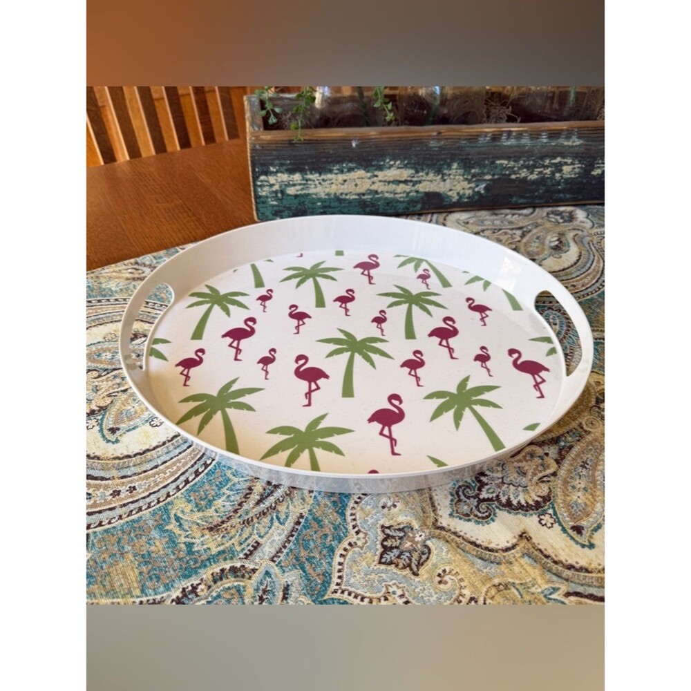 Temp-Tations Flamingo Palm Tree Melamine Serving Tray With Handles